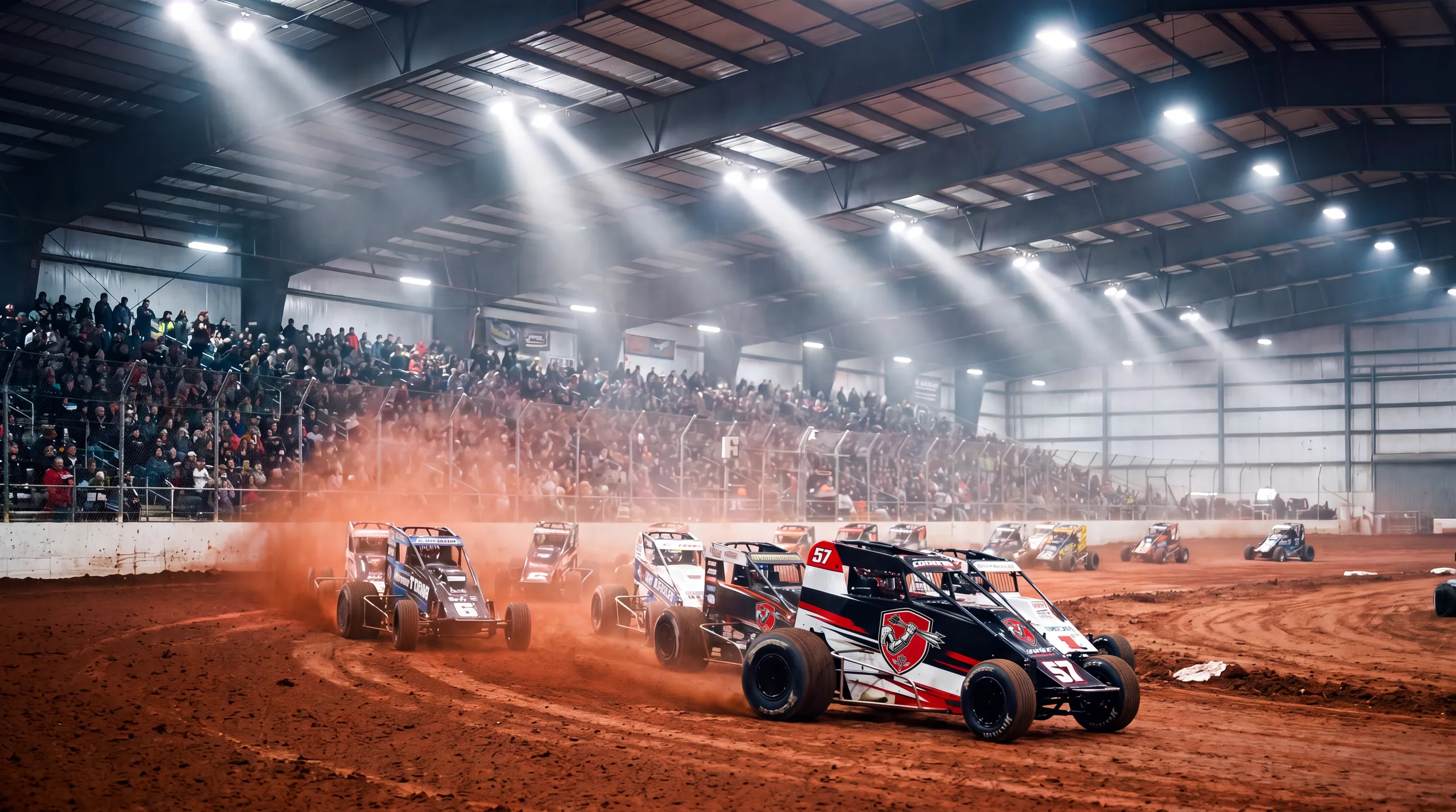 A pack of non-wing micro sprints sliding into turn one in an indoor dirt arena (concept art)