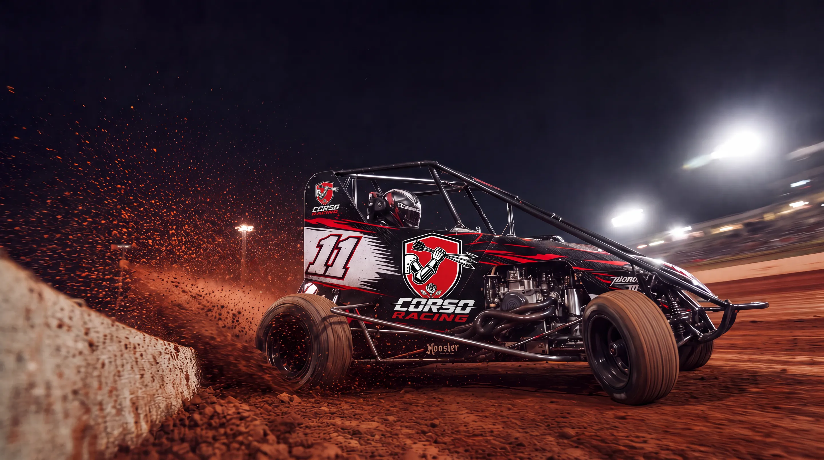 The #11 Corso Racing micro sprint sliding through a red-clay corner at night (concept art)